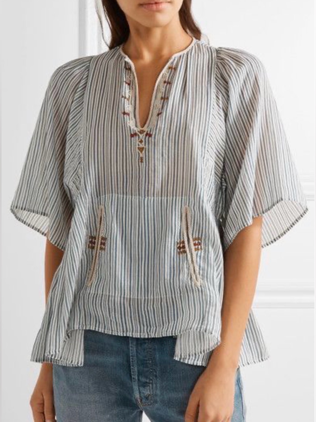 Isabel Marant Etoile Joy Cotton Striped Top Embroidered Trim Fr Size 40 Us 8